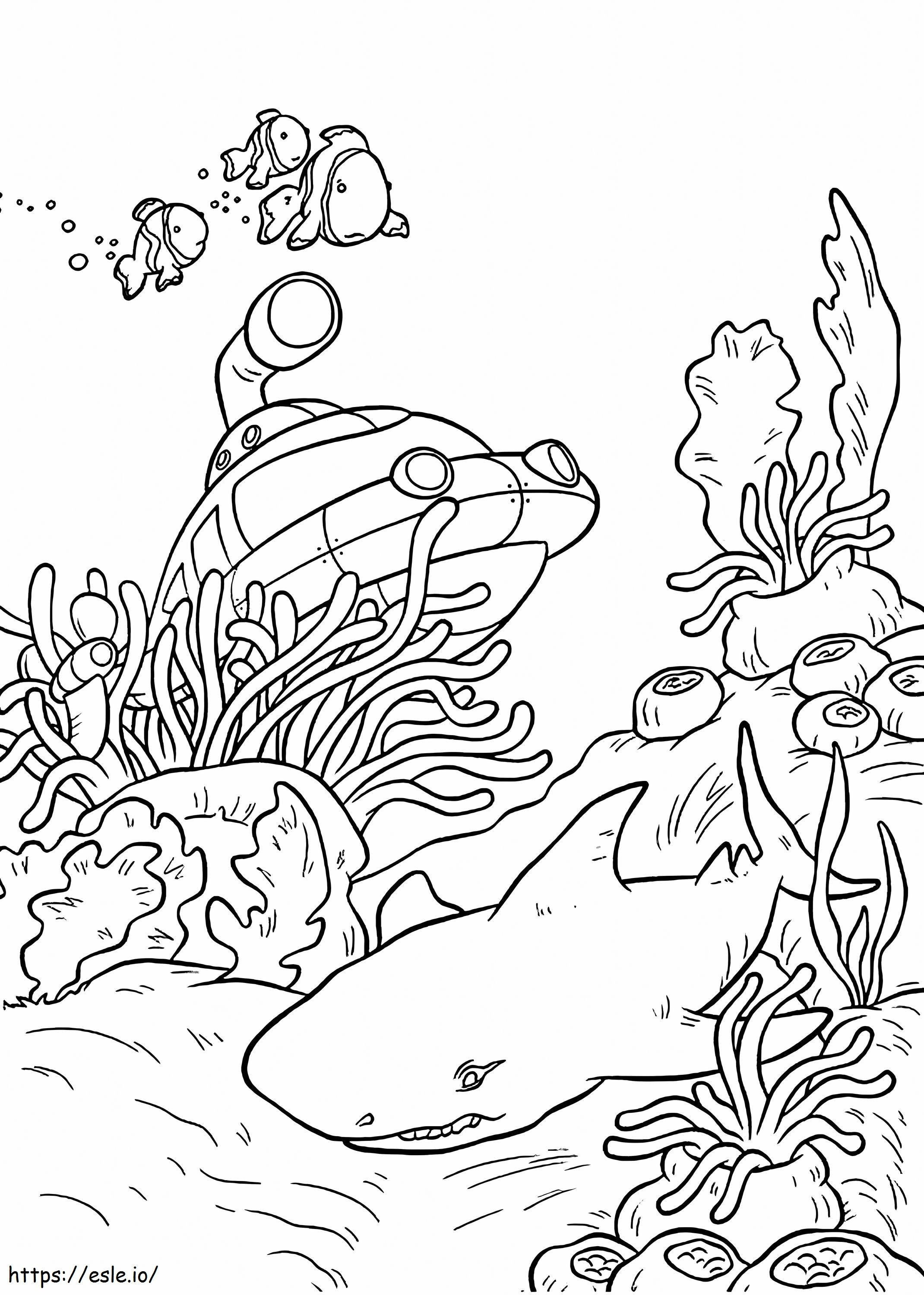 Submarine And Shark Fish coloring page