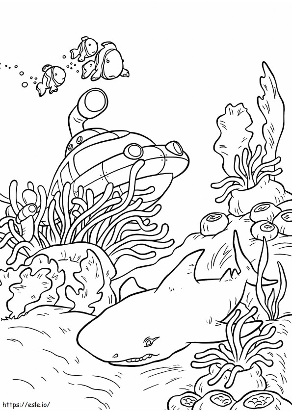 Submarine And Shark Fish coloring page