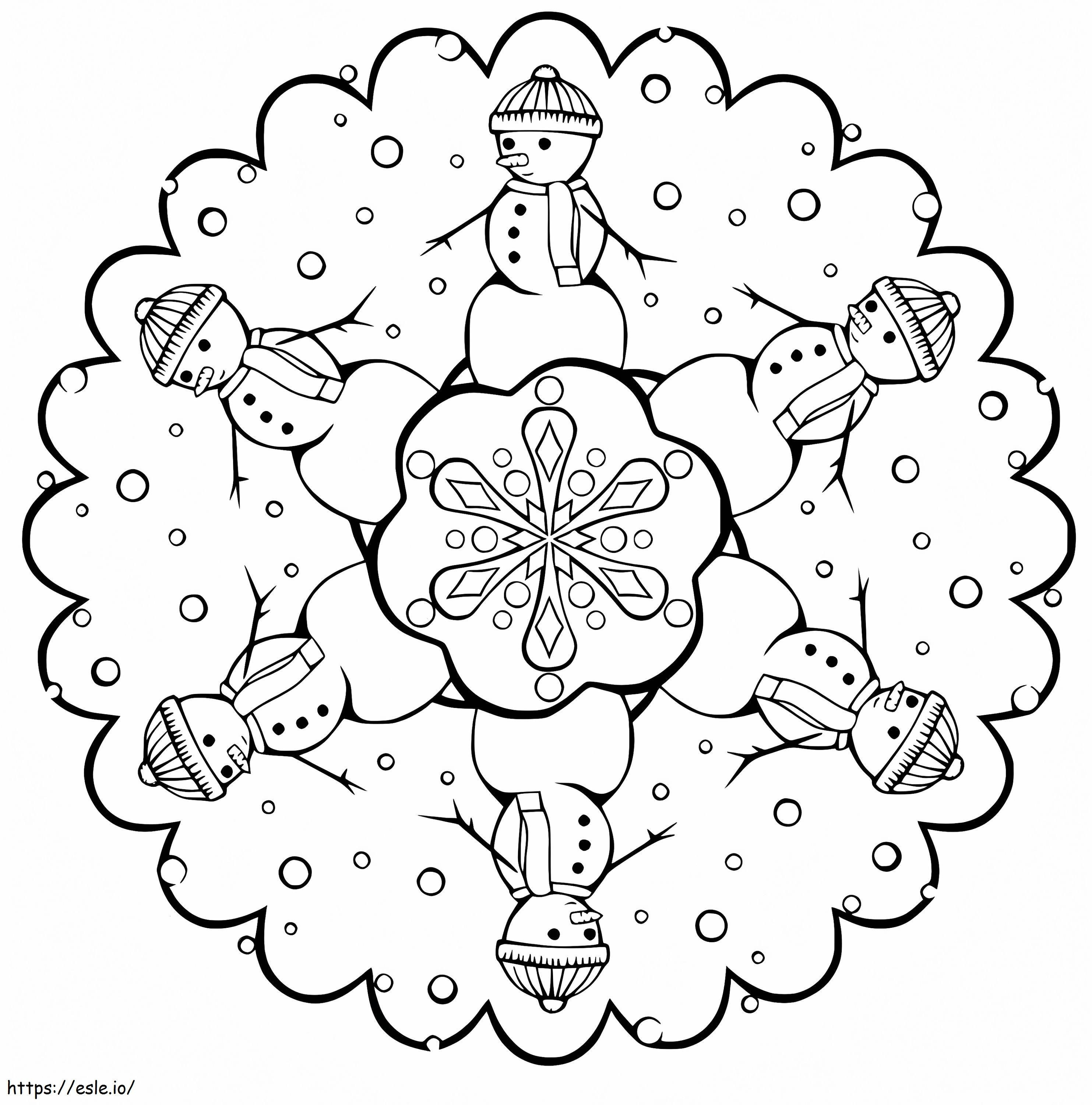 Mandala de Crăciun cu oameni de zăpadă de colorat