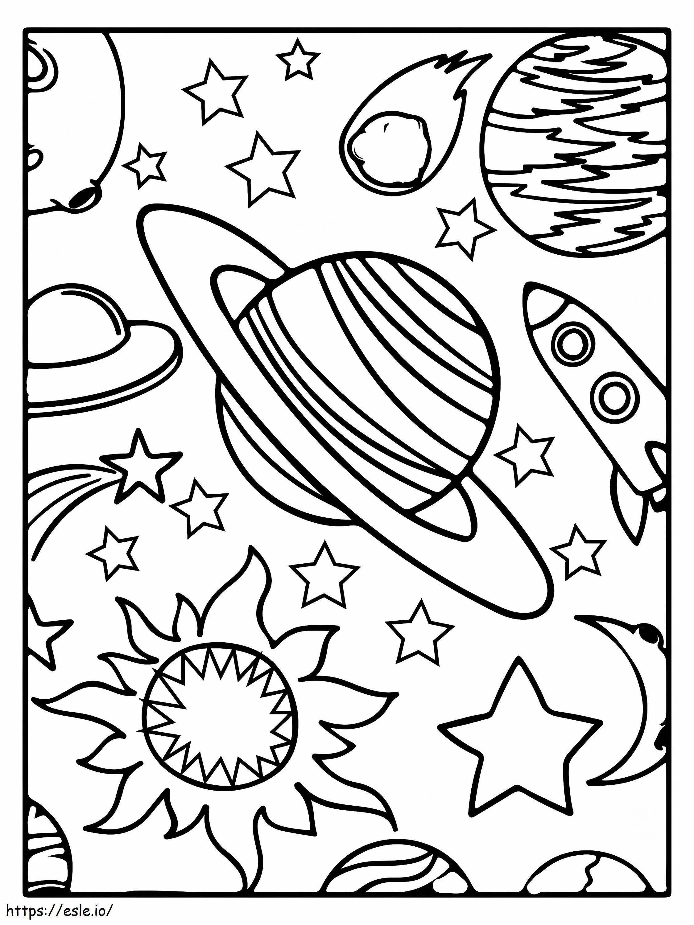 土星とロケット ぬりえ - 塗り絵