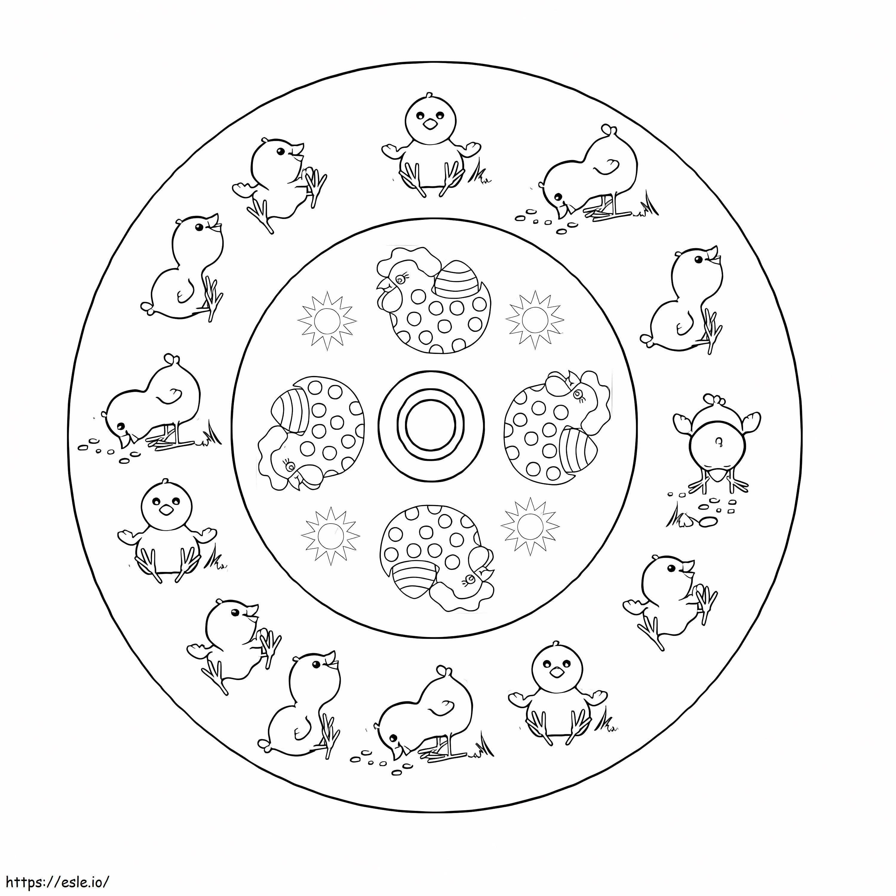 Mandala di Pasqua con i pulcini da colorare