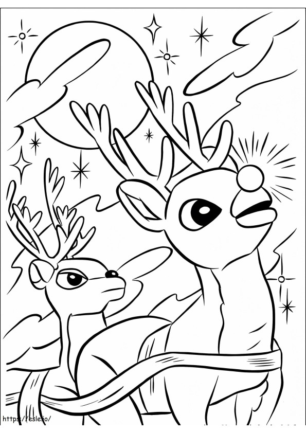 Coloriage Rudolph et ses amis regardent le ciel à imprimer dessin