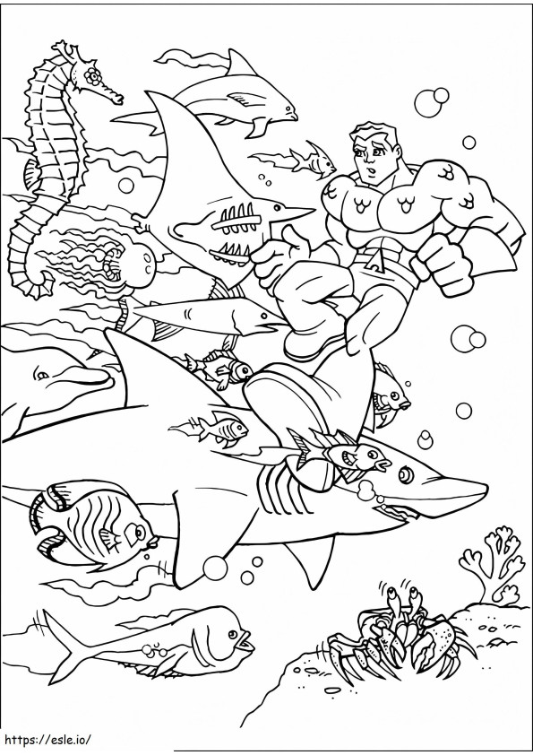 Aquaman ja kalat värityskuva
