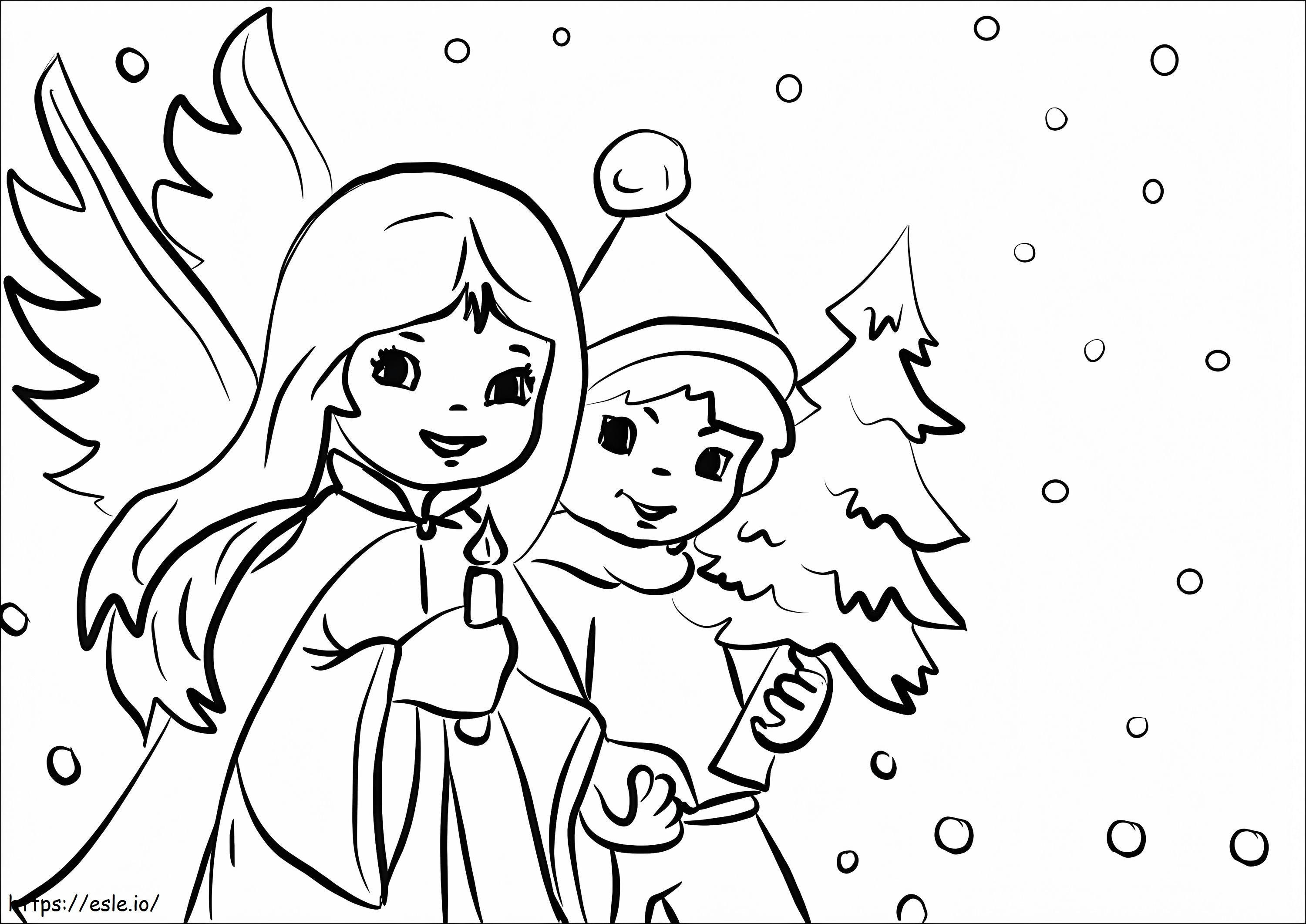 Coloriage Enfants à Noël dans la neige à imprimer dessin