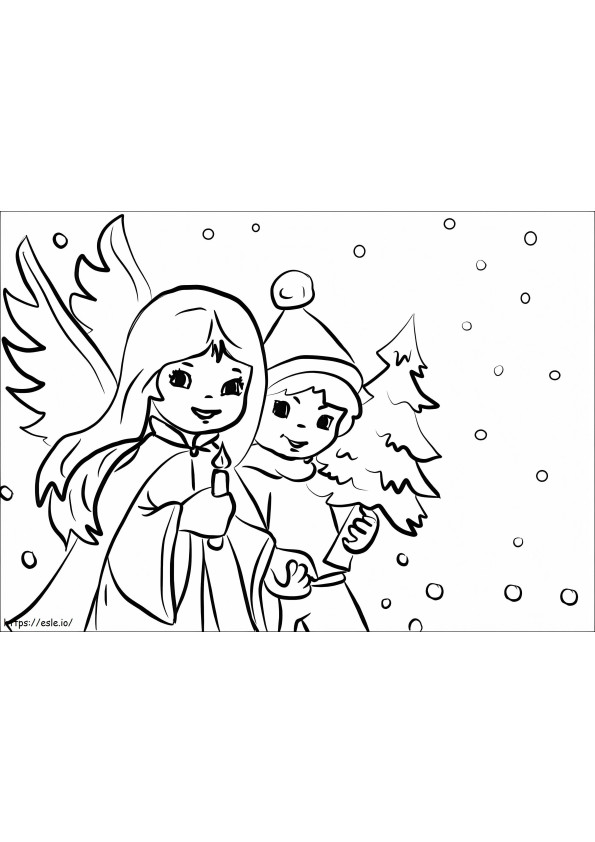 Coloriage Enfants à Noël dans la neige à imprimer dessin