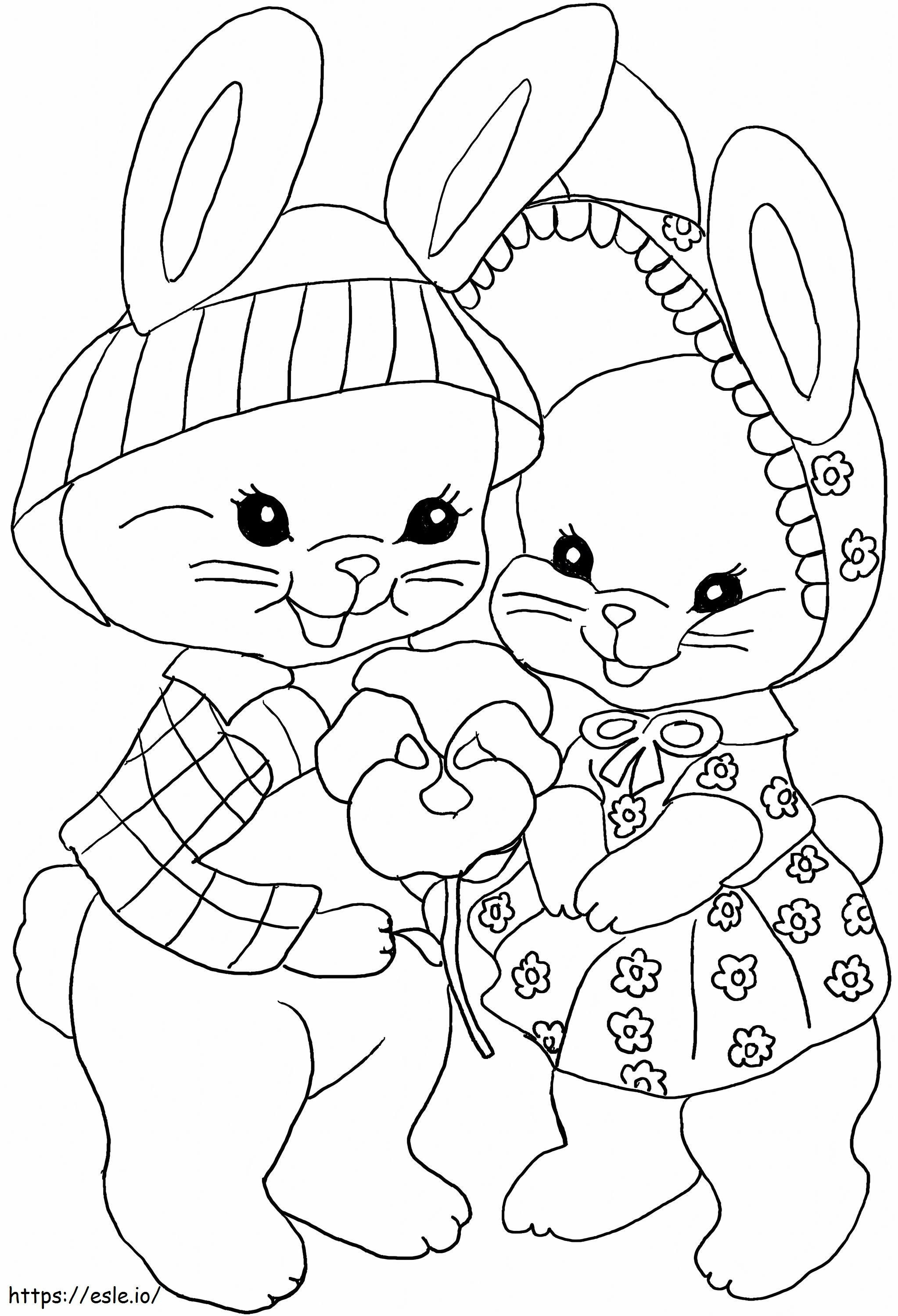 Ölçekli Çiçekli İki Paskalya Tavşanı boyama