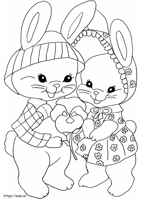 Coloriage Deux lapins de Pâques avec fleur écaillée à imprimer dessin
