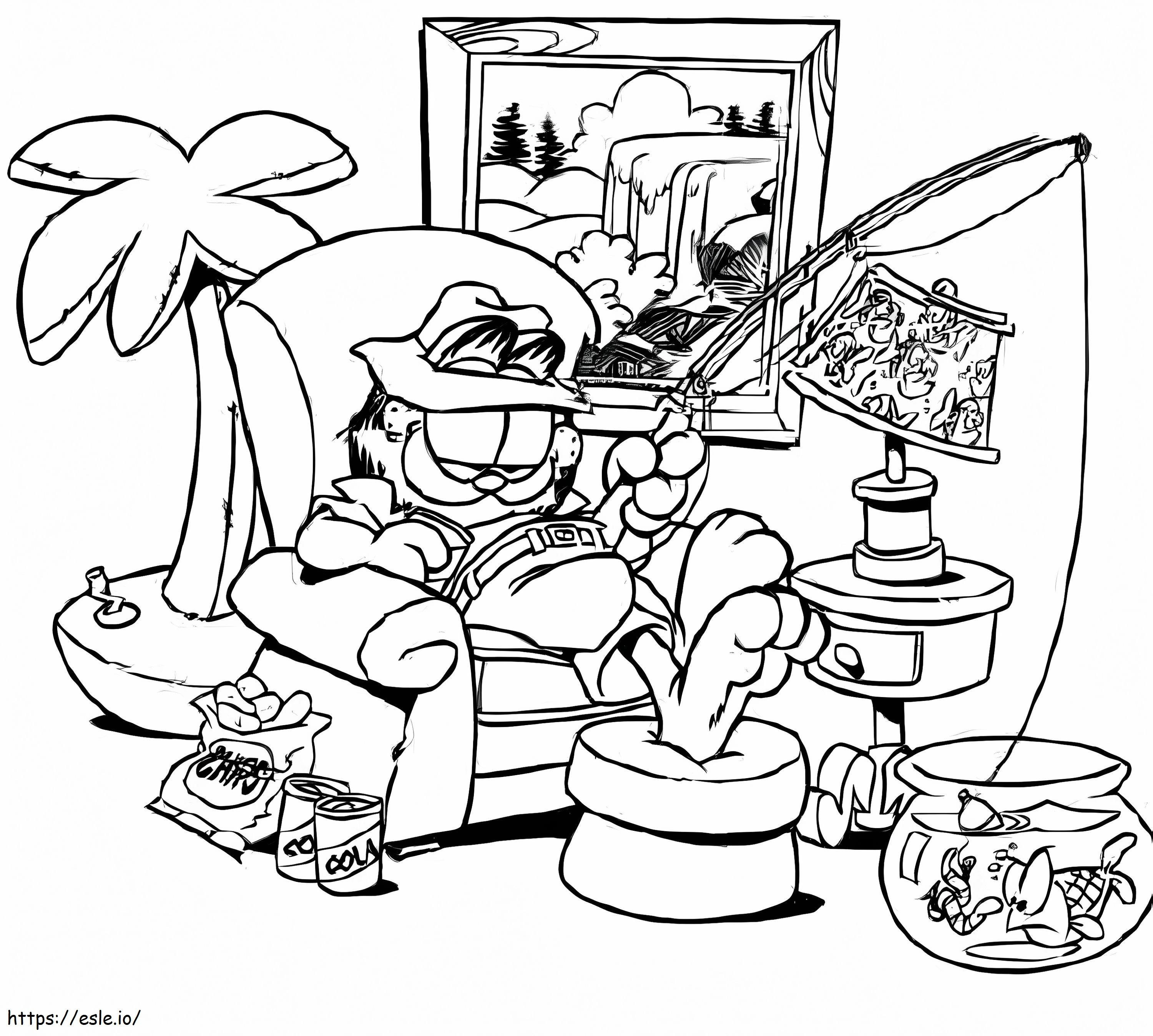 Coloriage Garfield pêche à la maison à imprimer dessin