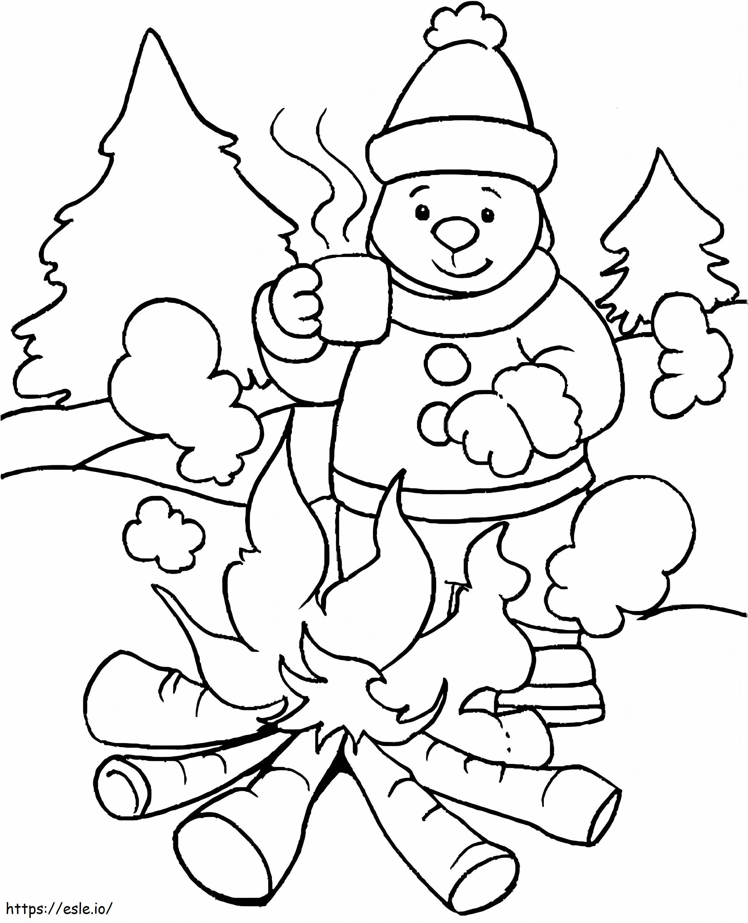 Acampamento de homens e bombeiros no inverno para colorir