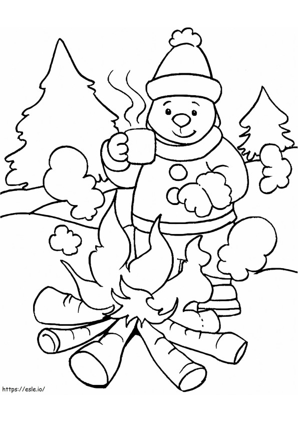 Acampamento de homens e bombeiros no inverno para colorir