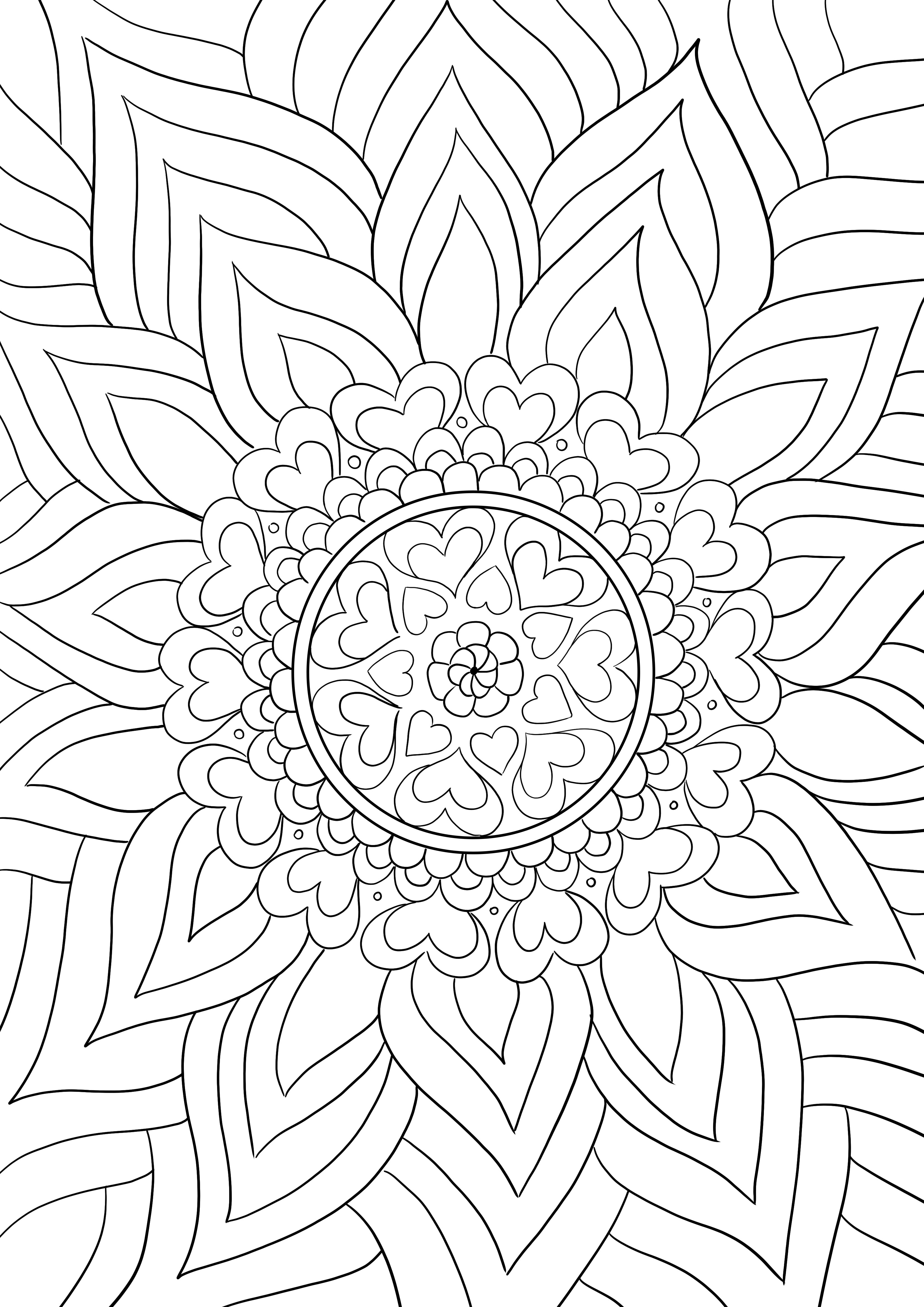 Desen de colorat pentru felicitare de Valentine’s Day Mandala florală pentru imprimare gratuită