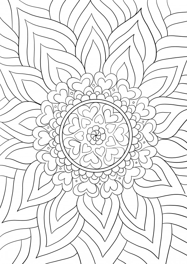 Floral Mandala Valentine’s day card coloring page for free printing
