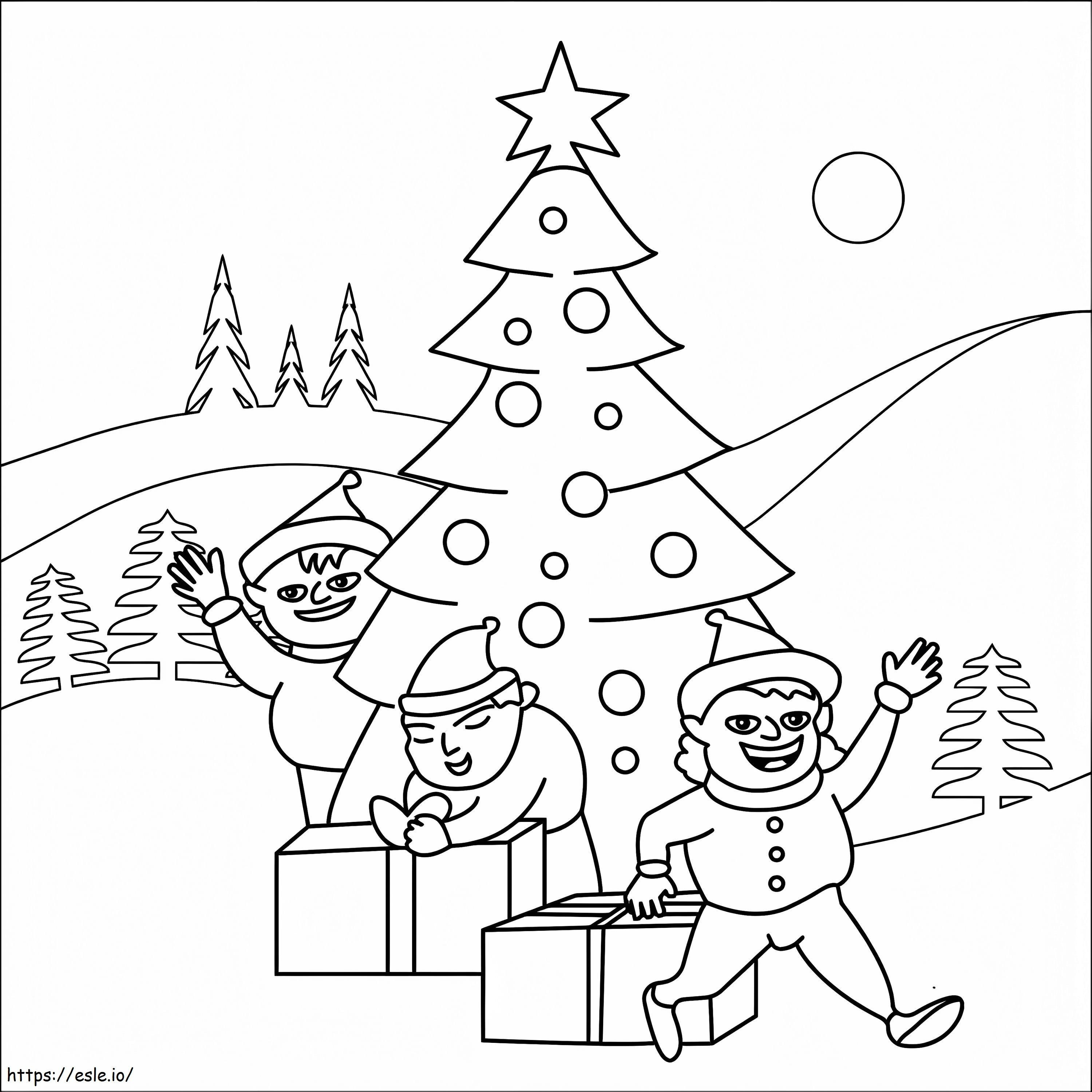 Christmas Tree With Elves coloring page