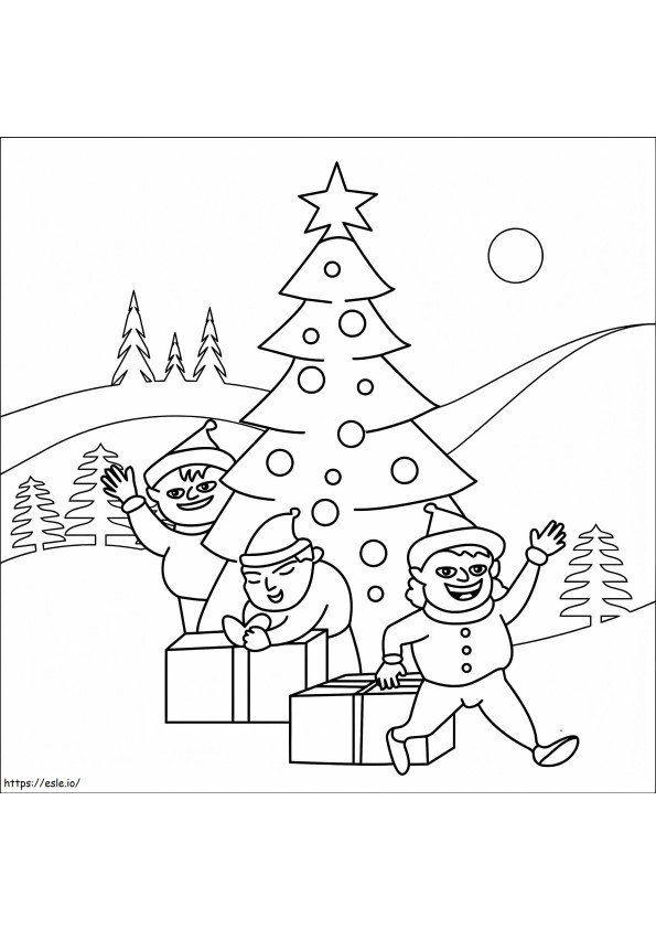 Coloriage Arbre de Noël avec des elfes à imprimer dessin