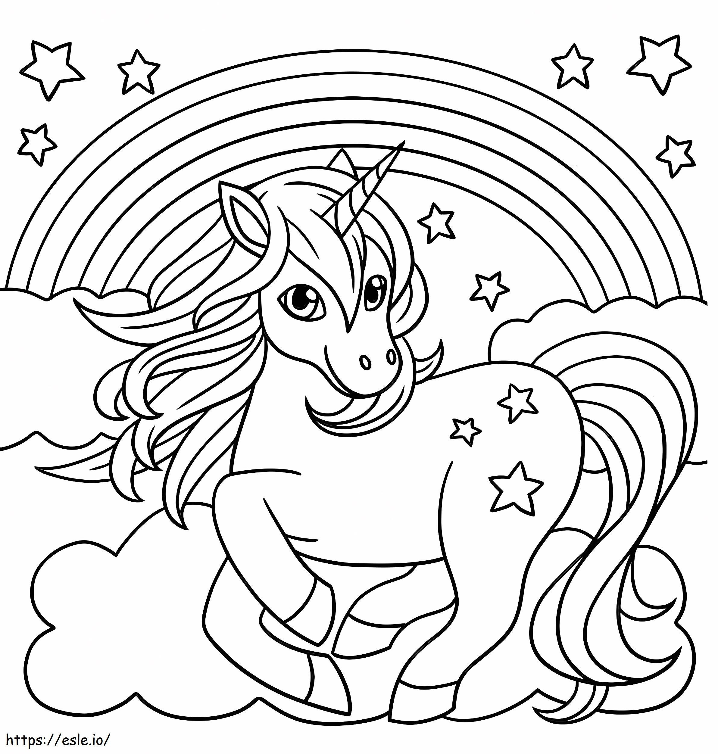 Unicorno sorridente con arcobaleno e stelle da colorare