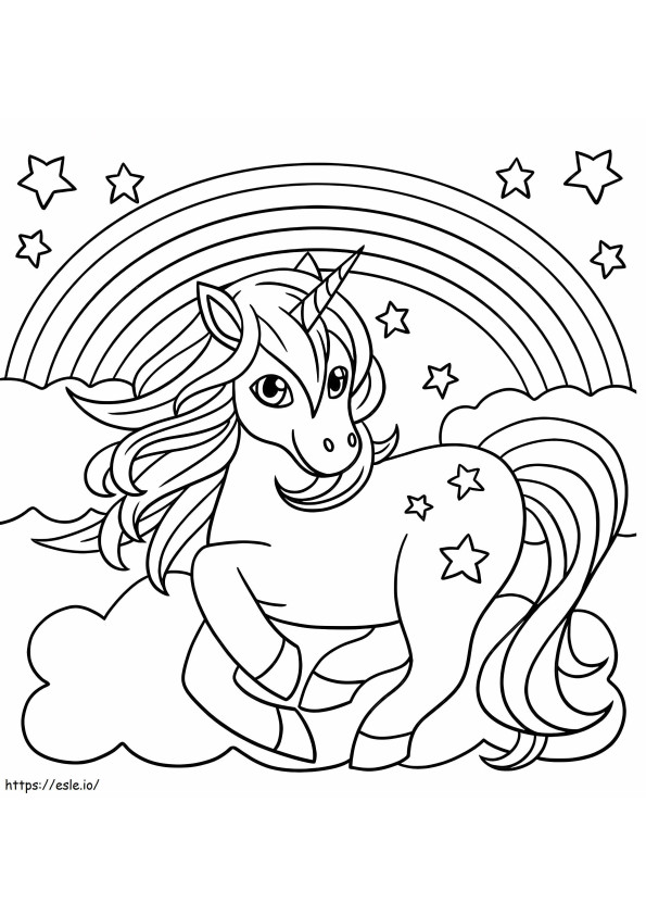 Coloriage Licorne souriante avec arc-en-ciel et étoiles à imprimer dessin