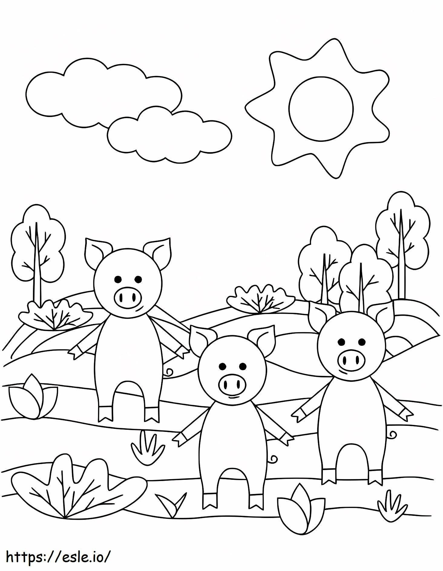 Coloriage Trois cochons Kawaii à imprimer dessin
