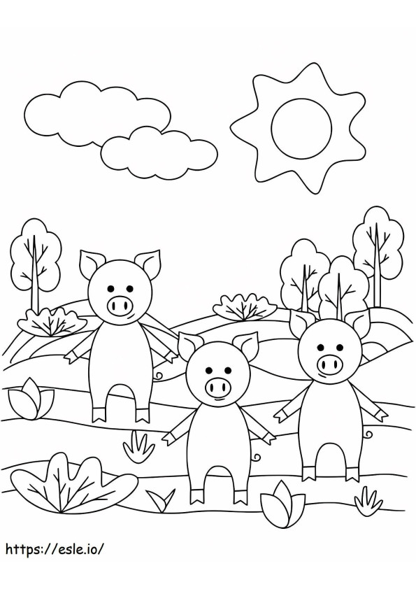 Coloriage Trois cochons Kawaii à imprimer dessin