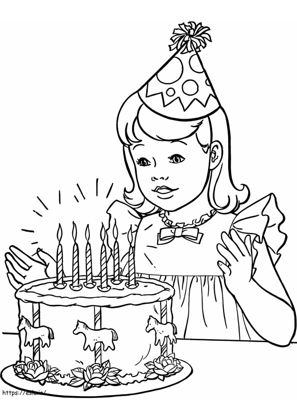 Coloriage Gâteau d'anniversaire et fille à imprimer dessin
