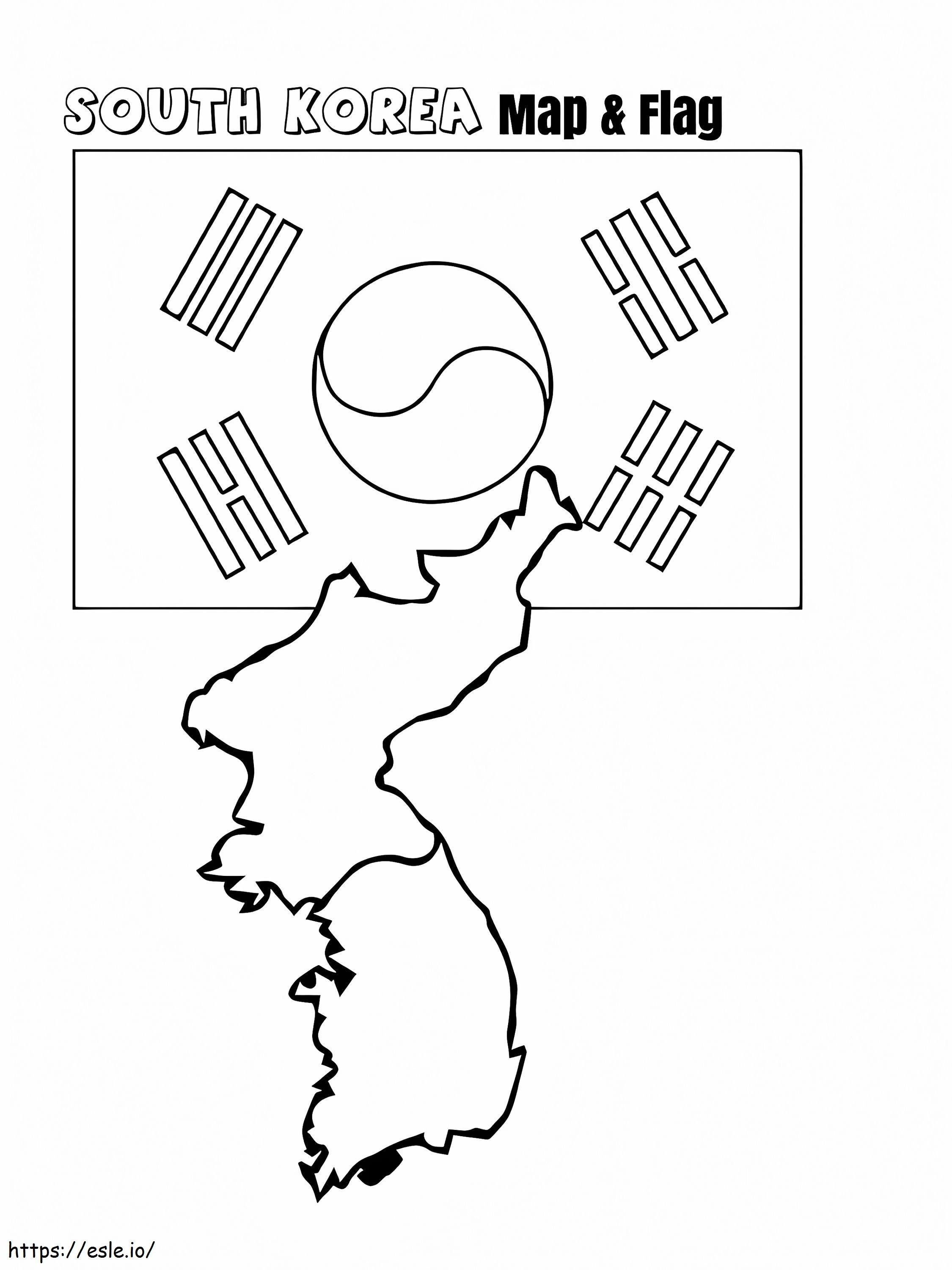 Mapa e bandeira da Coreia do Sul para colorir