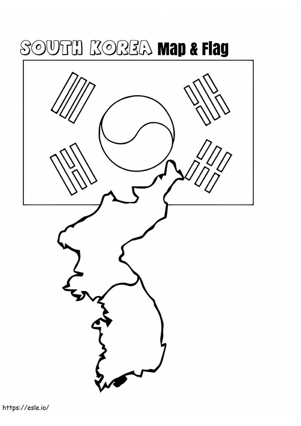 Kaart en vlag van Zuid-Korea kleurplaat