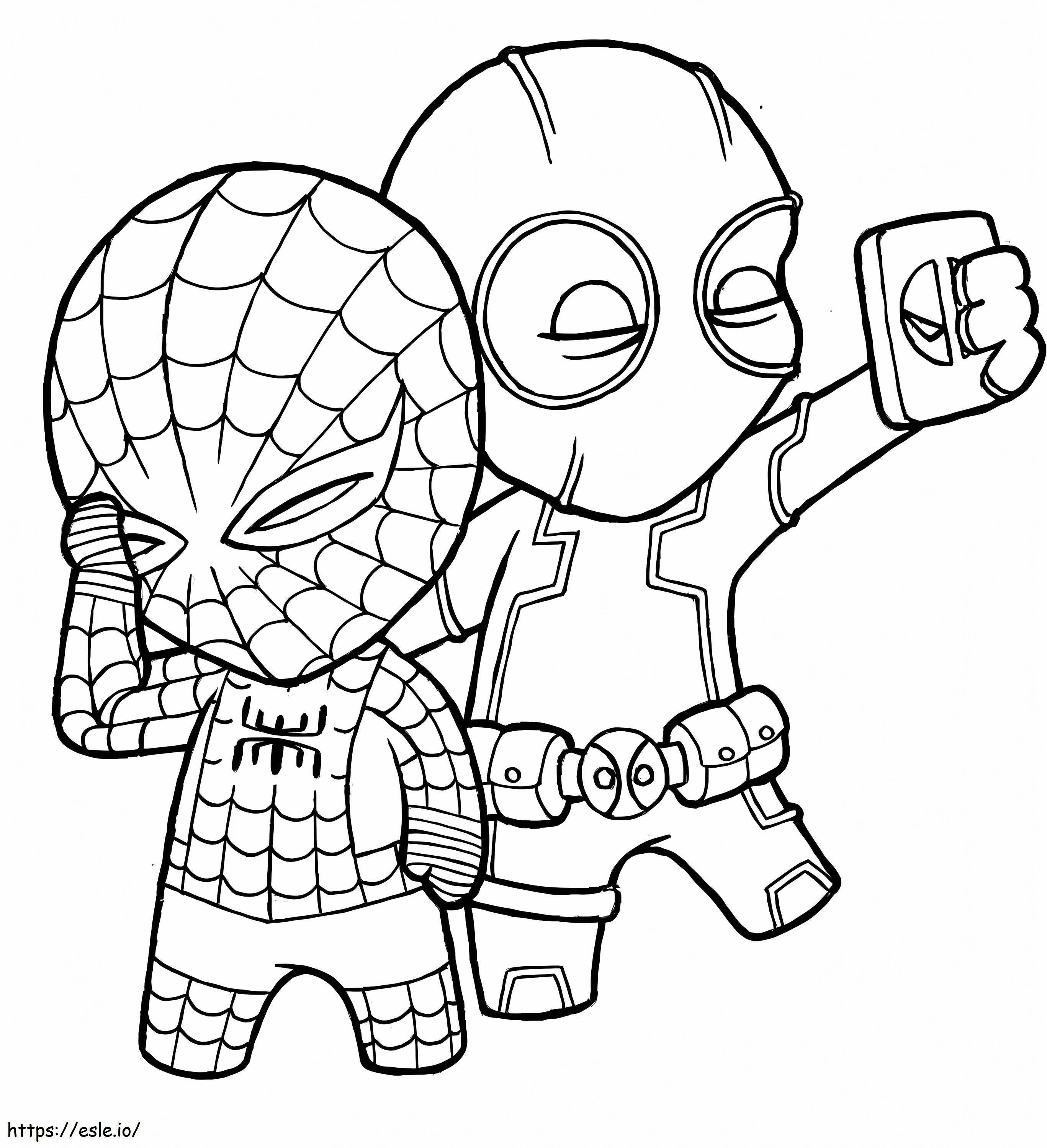 Coloriage Chibi Deadpool et Chibi Spider Man prennent un selfie à imprimer dessin