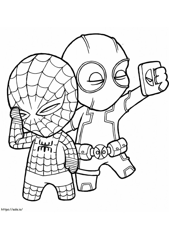 Chibi Deadpool Y Chibi Spider Man Se Toma Una Selfie para colorear