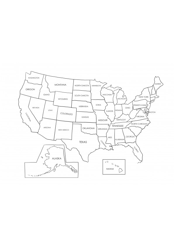 Mapa simples dos EUA com nomes de estados simples de colorir e imprimir ou baixar.