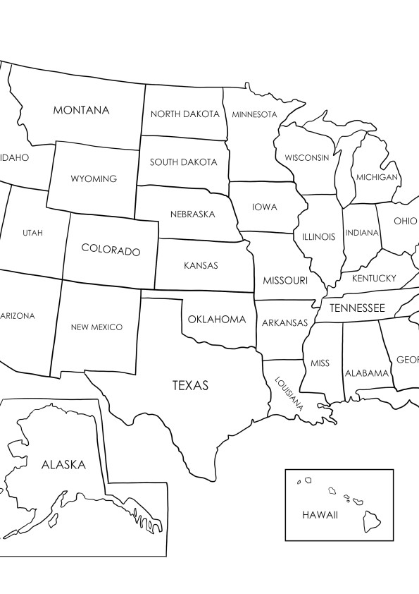 Yksinkertainen USA-kartta, jossa osavaltioiden nimet on helppo värittää ja tulostaa tai ladata.