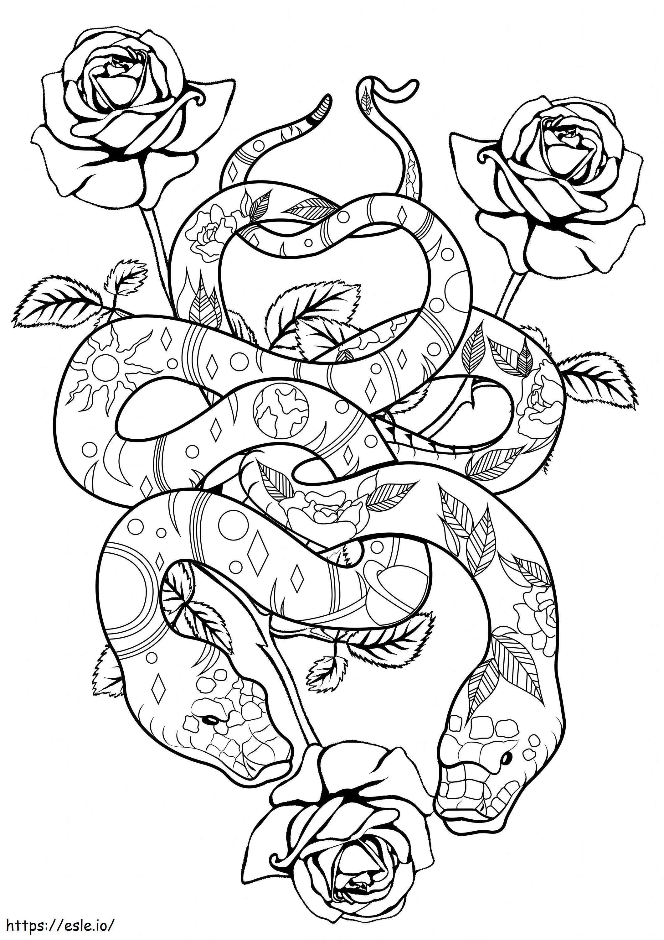 Kaksi käärmettä skaalatuilla ruusuilla värityskuva