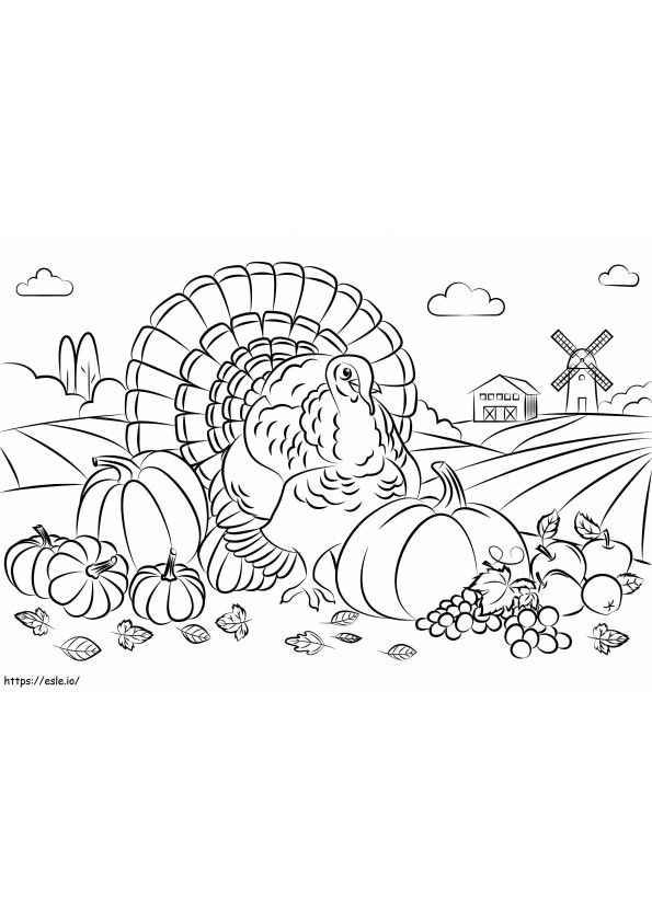 Coloriage Dinde de Thanksgiving avec récolte à imprimer dessin
