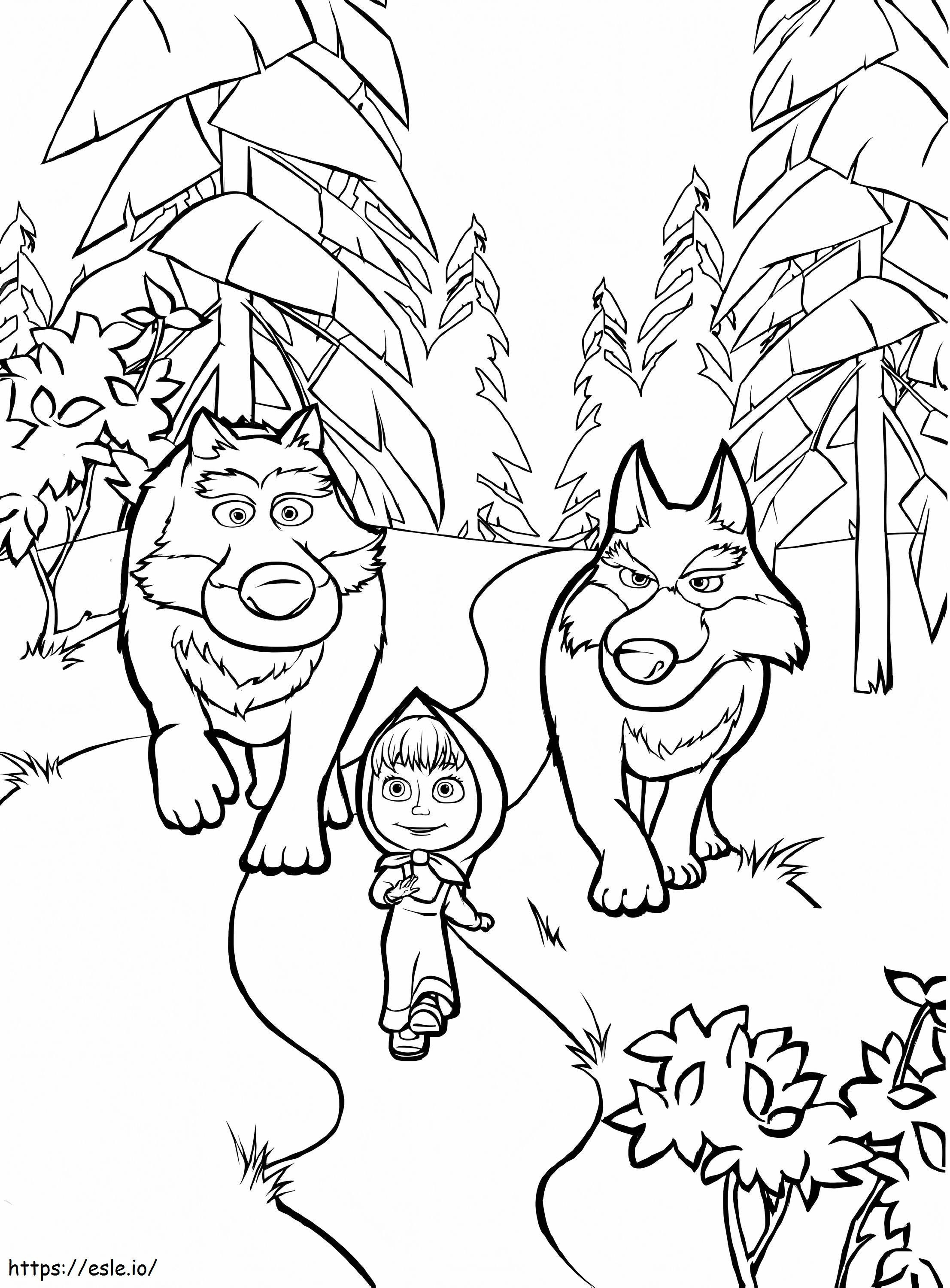 Coloriage Masha et deux loups à imprimer dessin