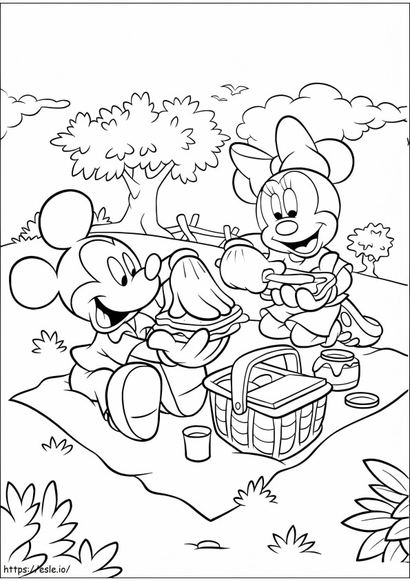 Mickey en Minnie op picknick kleurplaat