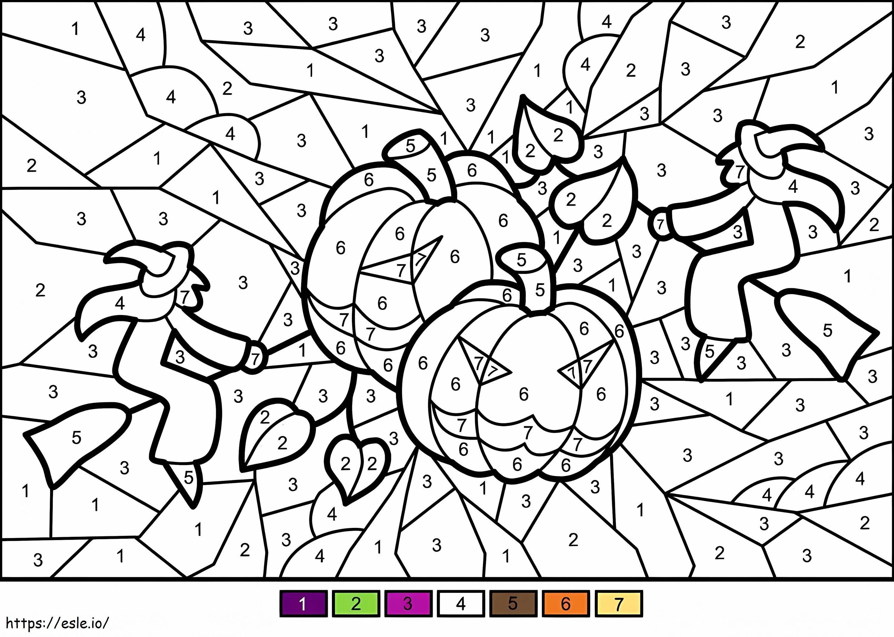 Zucche e streghe di Halloween colorate per numero da colorare