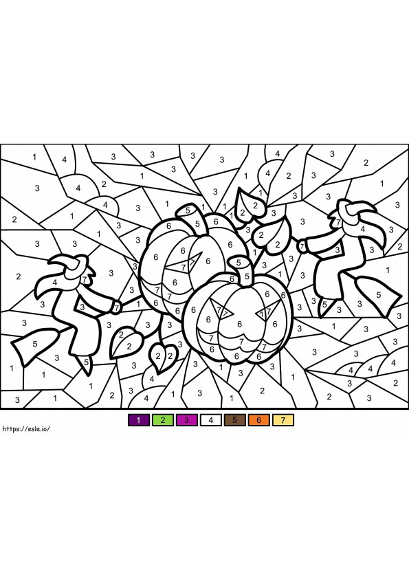 Coloriage Couleur par numéro de citrouilles et de sorcières d'Halloween à imprimer dessin