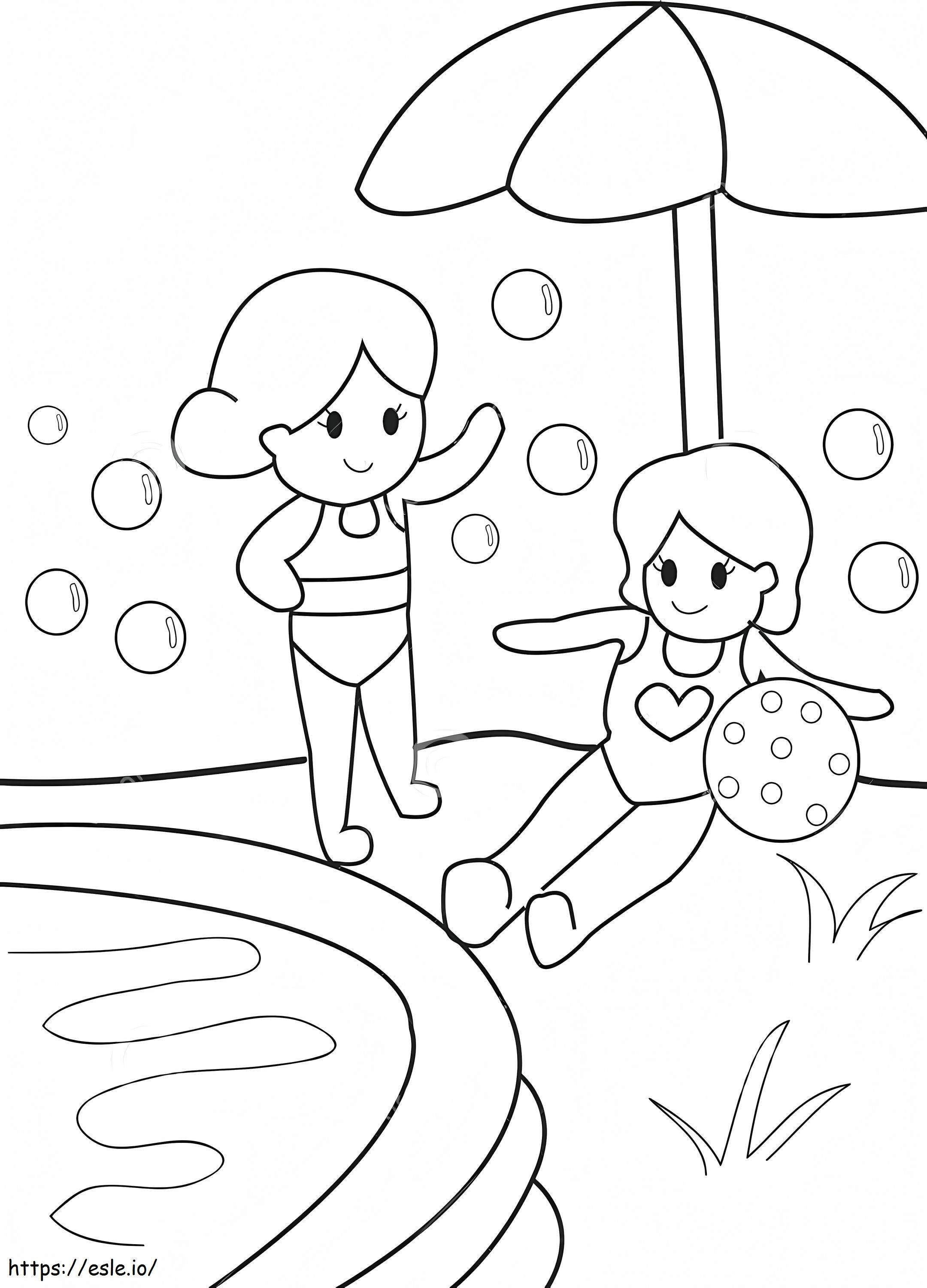 Coloriage Deux filles dans la piscine à imprimer dessin
