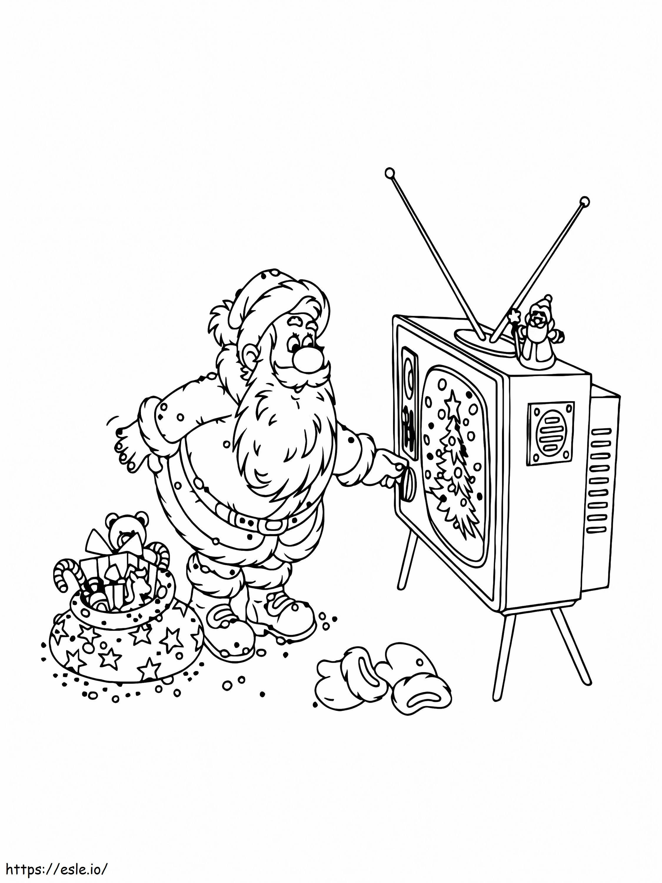 Joulupukki katsomassa televisiota värityskuva