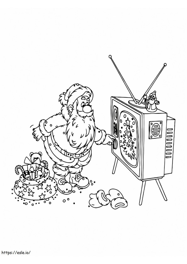 Coloriage Père Noël, regarder la télévision à imprimer dessin