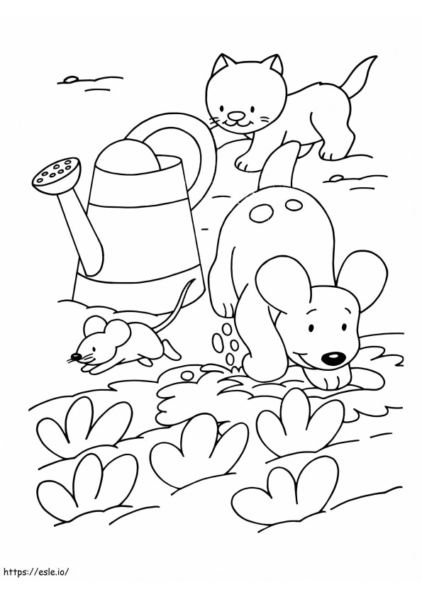 Huisdieren in de tuin kleurplaat