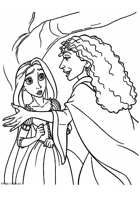 Yazdırılabilir Anne Gothel ve Rapunzel boyama