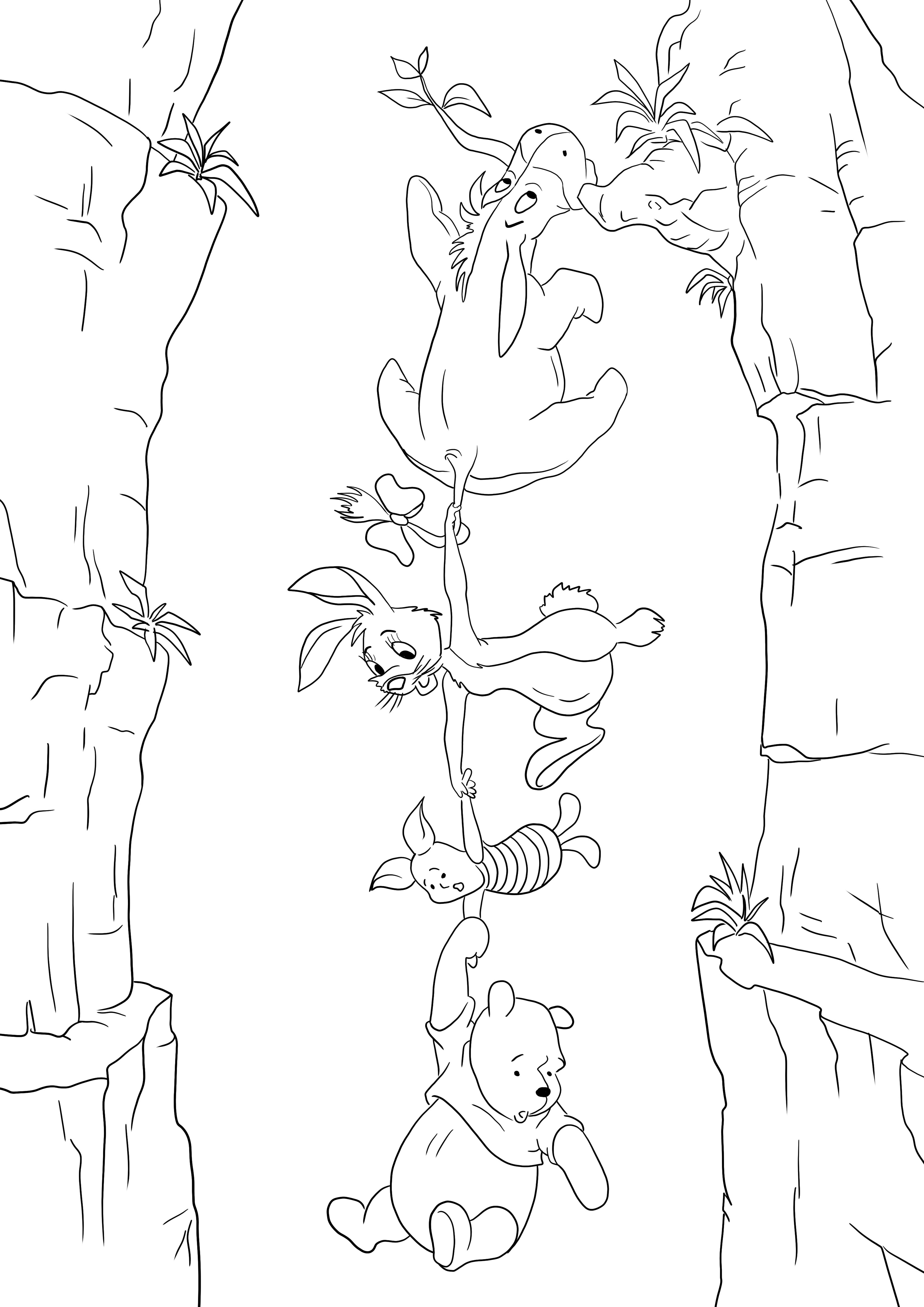 Gambar Winnie the Pooh, Piglet, Rabbit, dan Eeyore berpegangan tangan untuk dicetak secara gratis
