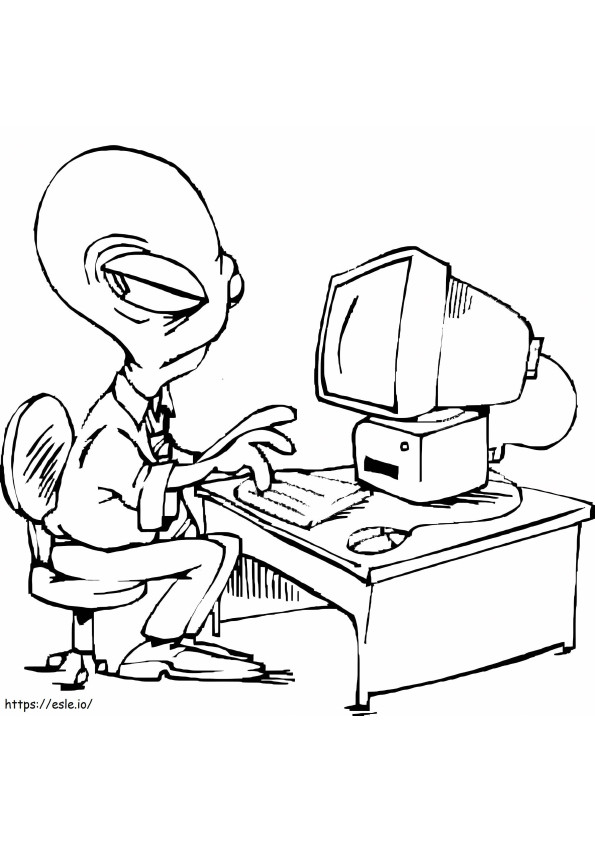 Extraterrestre con computadora para colorear