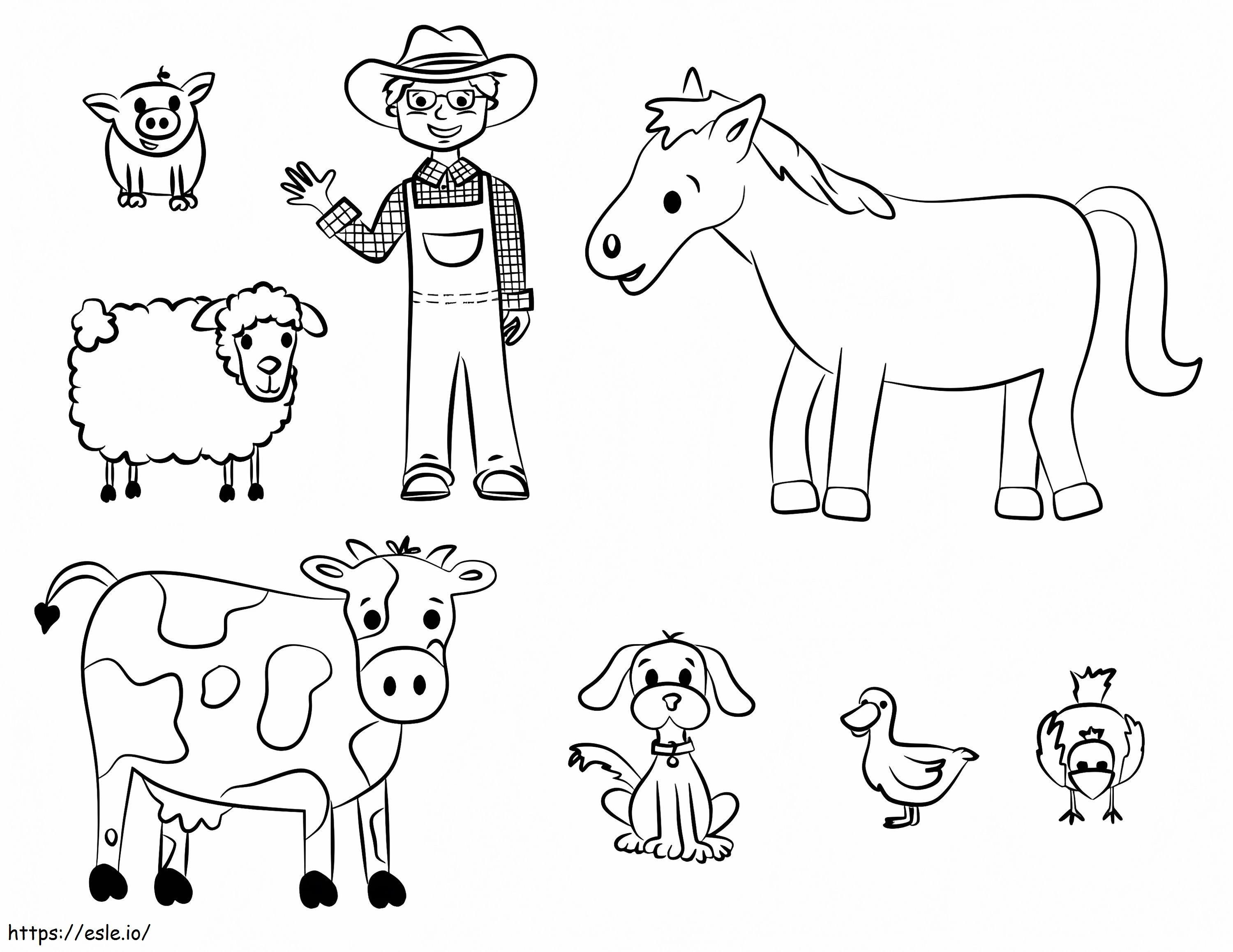 granjero con animales para colorear