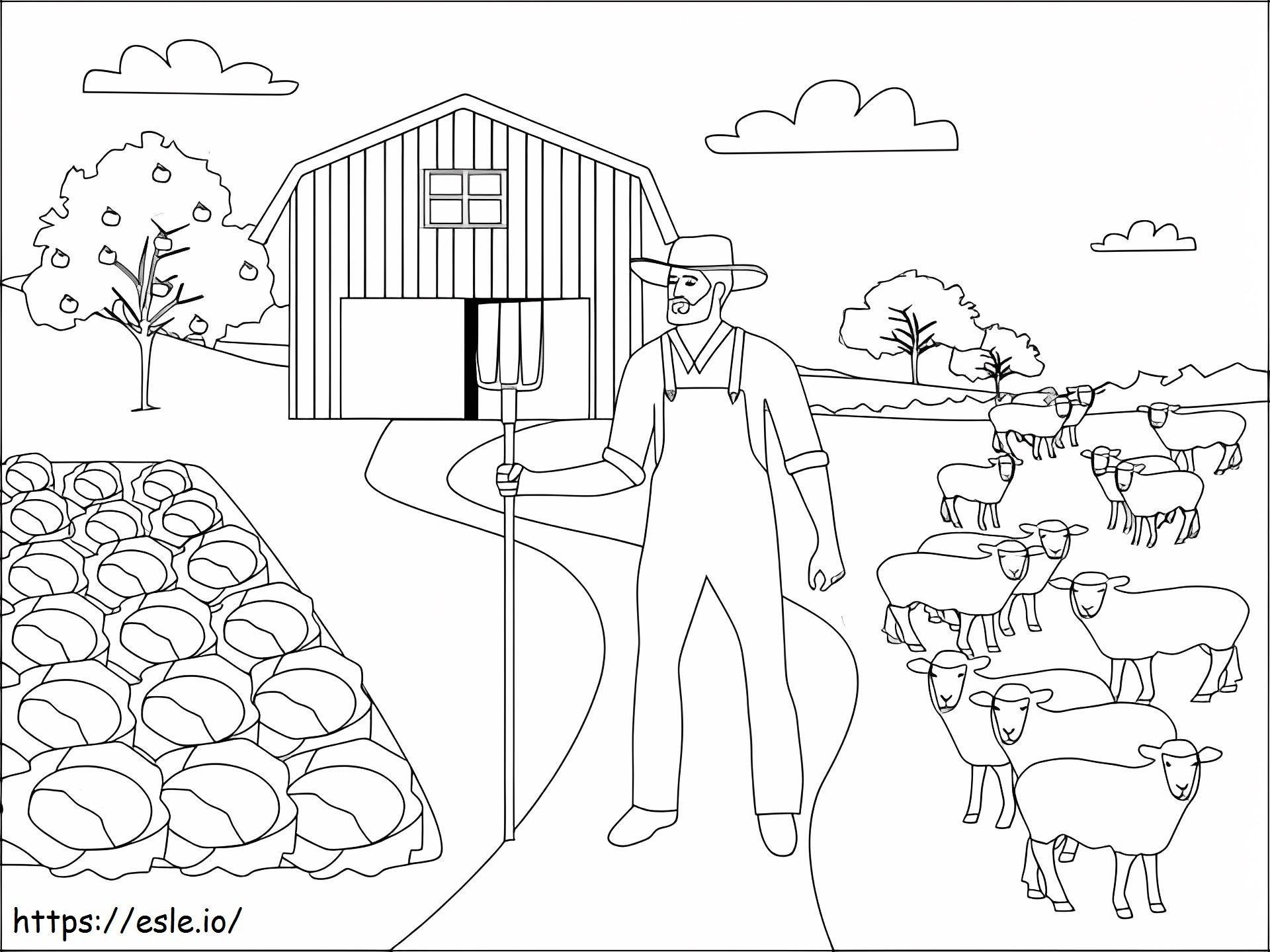 農家と野菜の羊 ぬりえ - 塗り絵