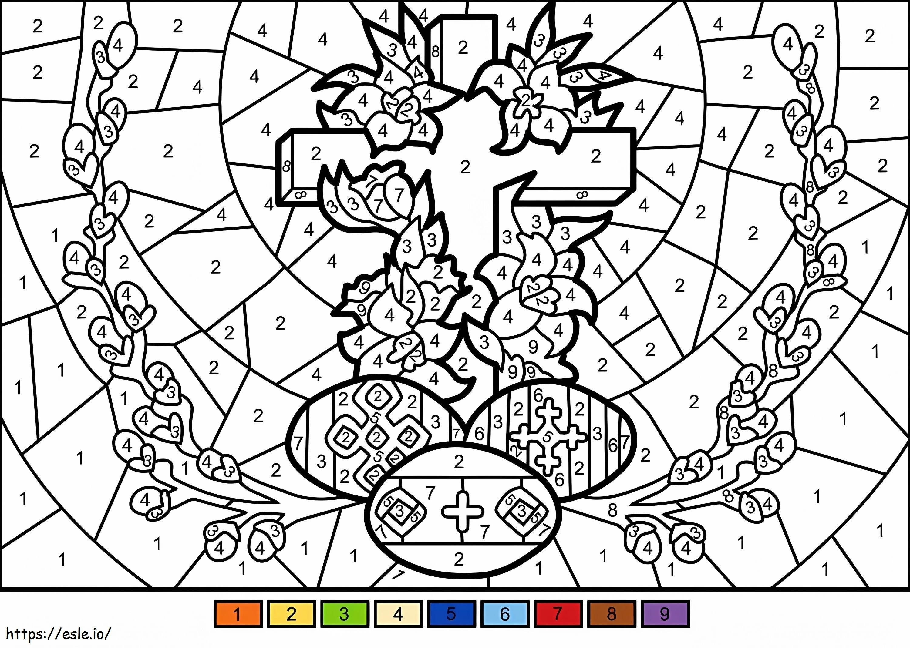 Coloriage Croix et oeufs de Pâques couleur par numéro à imprimer dessin
