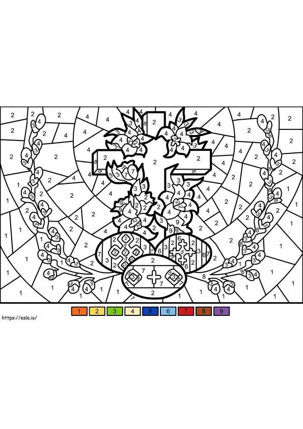 Coloriage Croix et oeufs de Pâques couleur par numéro à imprimer dessin