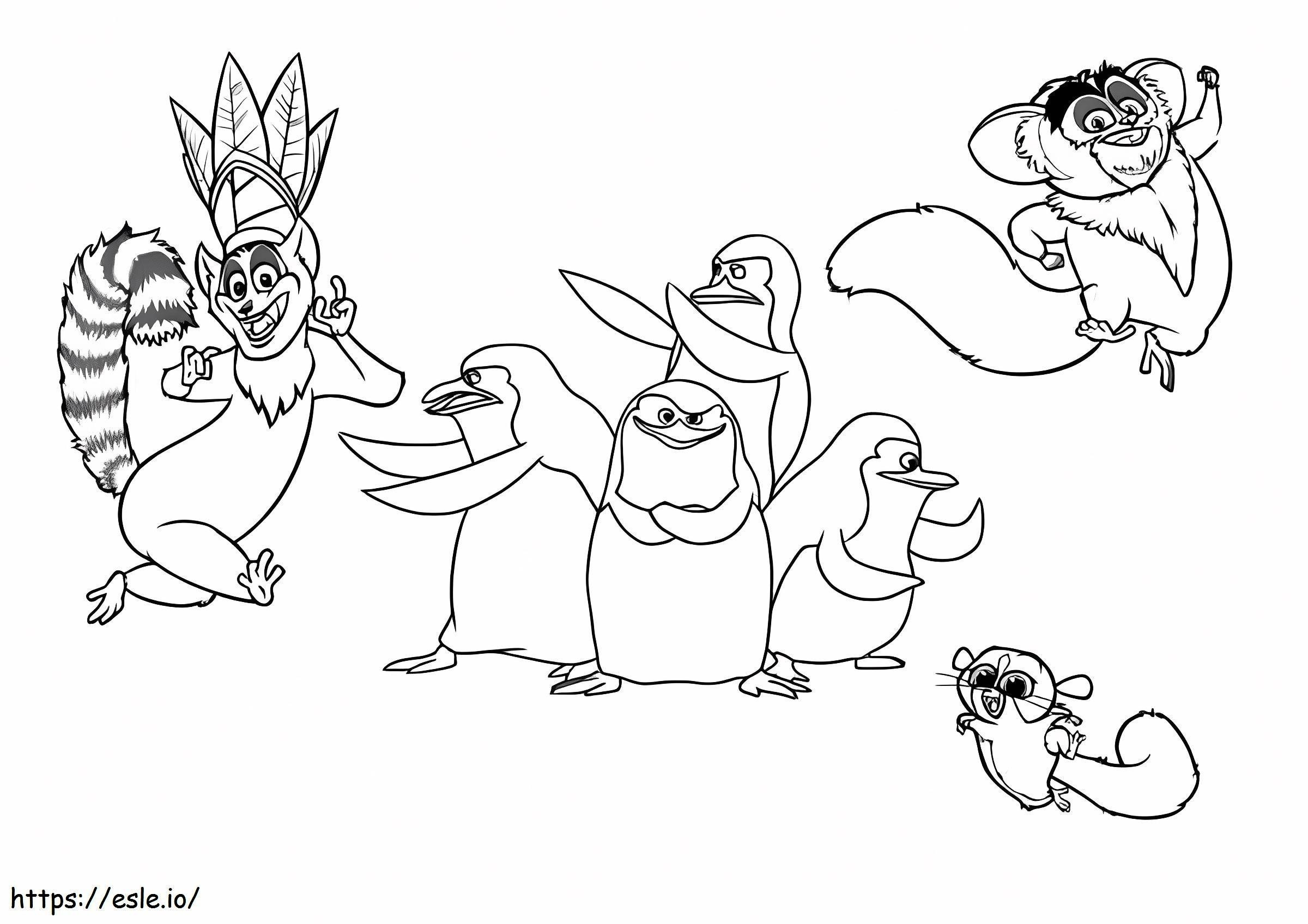 Coloriage Trois lémuriens et trois pingouins à imprimer dessin