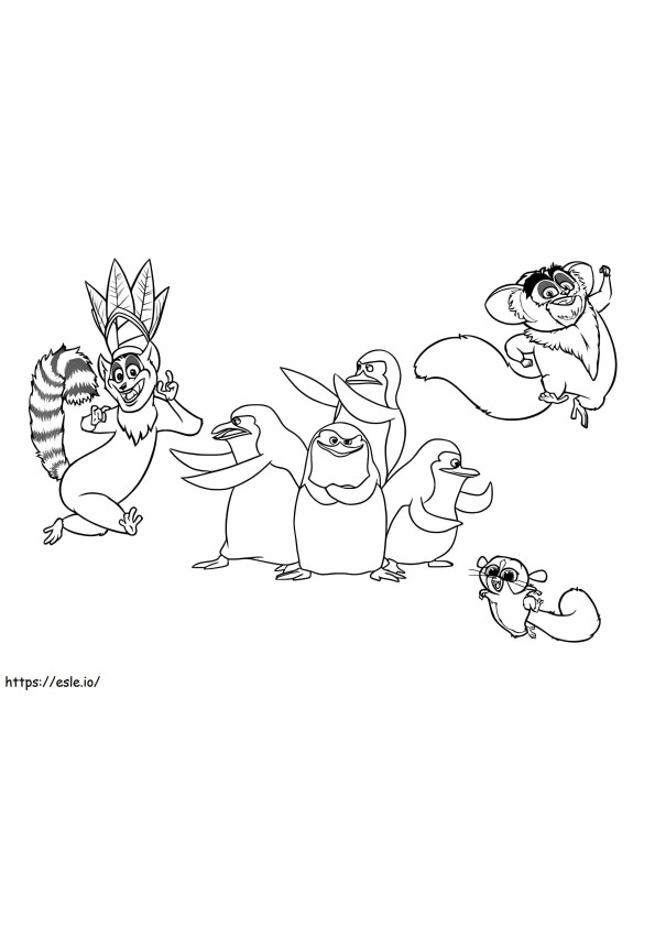 3 頭のキツネザルと 3 頭のペンギン ぬりえ - 塗り絵