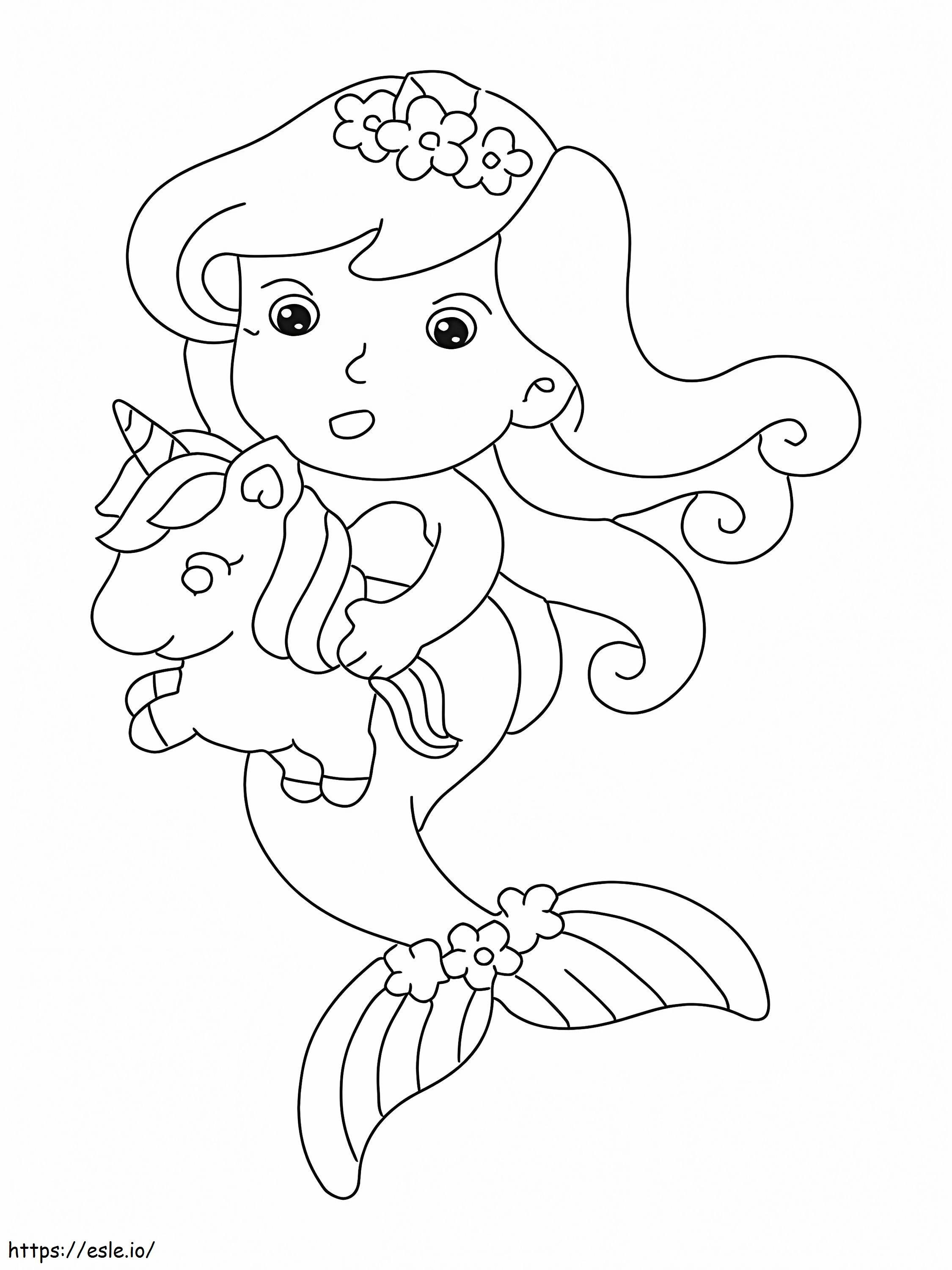 Coloriage Adorable sirène tenant une licorne à imprimer dessin