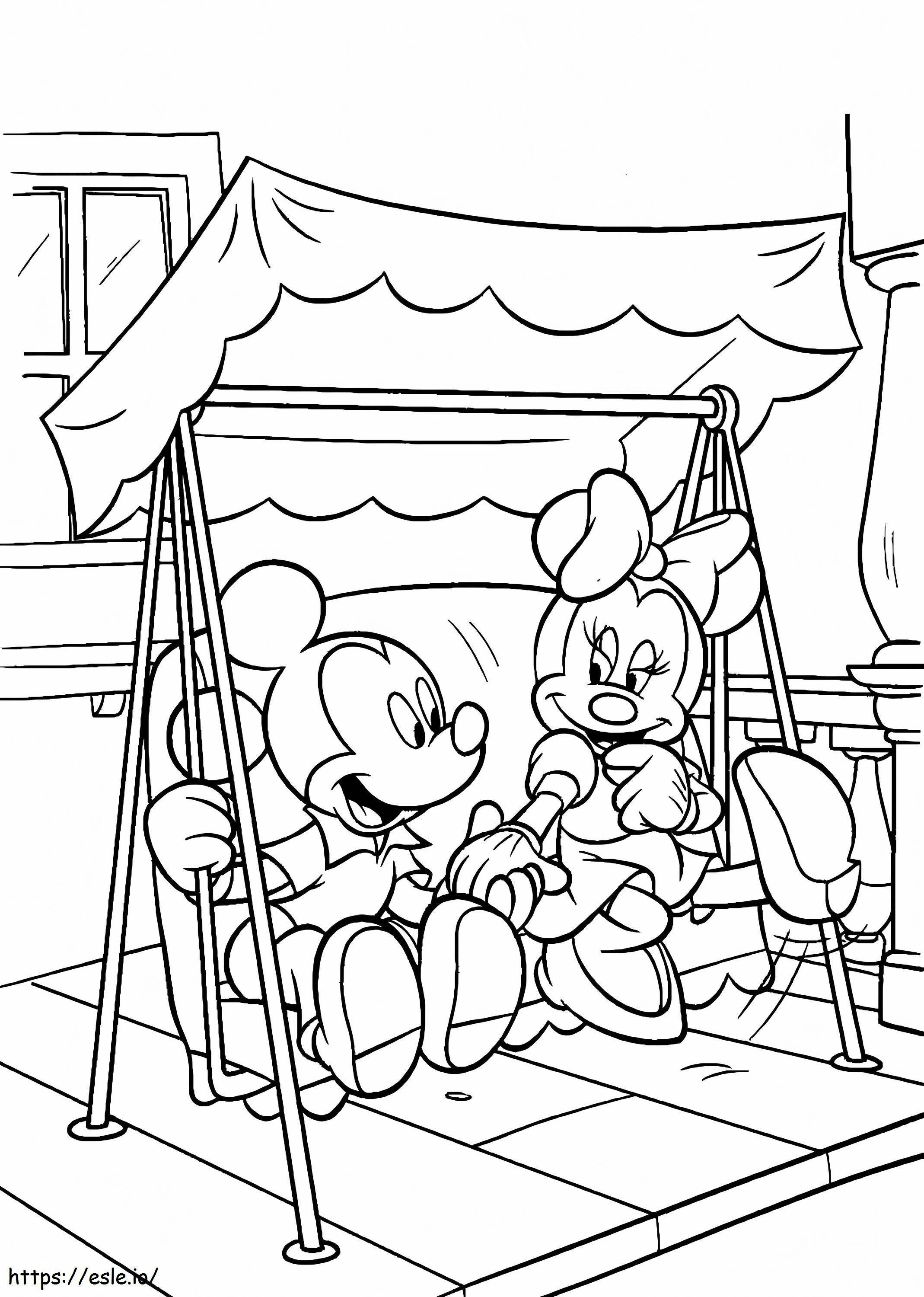Mickey e Minnie Mouse brincam nos balanços para colorir